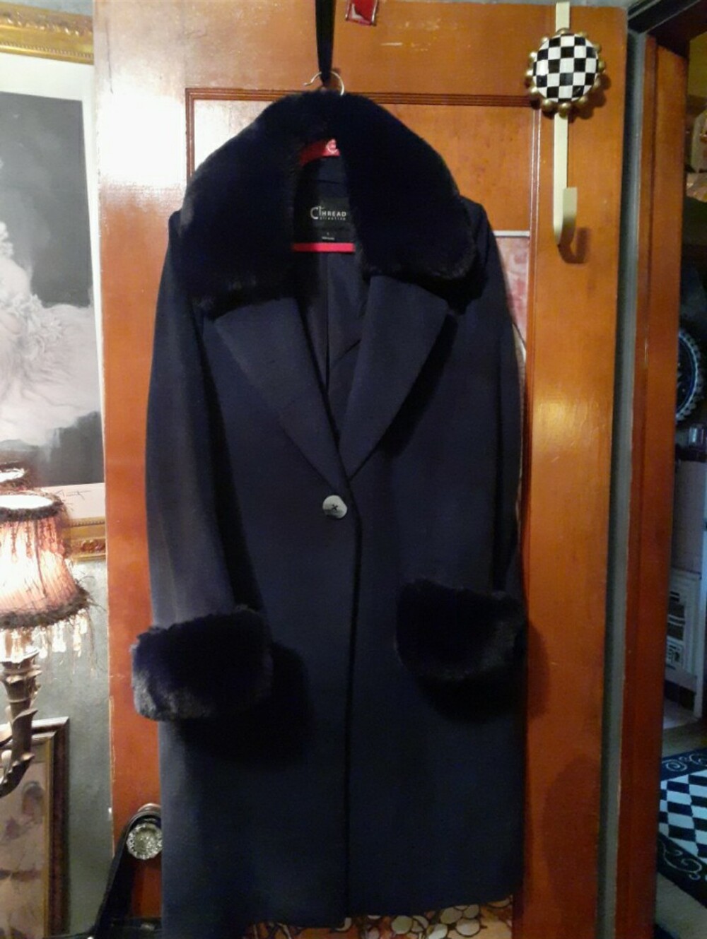 New Classic Navy Faux-Fur Trim Women's Coat Fur Can Be Removed